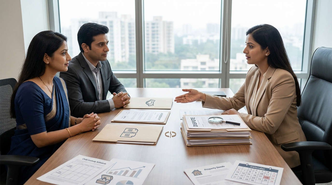 Indian family lawyer explaining mutual divorce, contested divorce and legal separation options to a couple